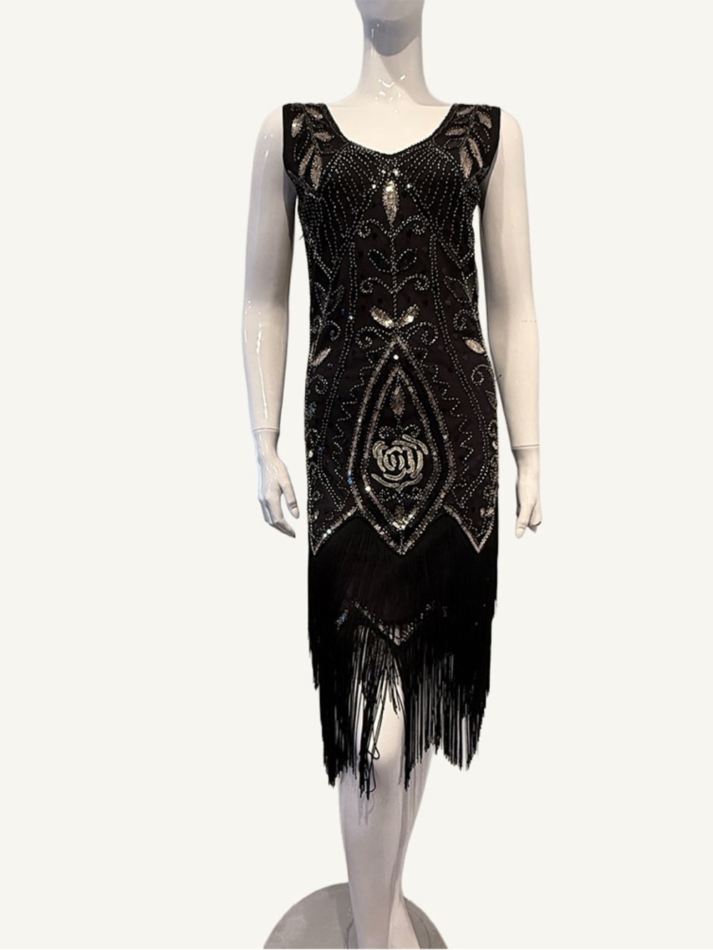 Great Gatsby Flapper Dress Black Beaded Fringe Art Deco Cocktail XS - Picture 5 of 13